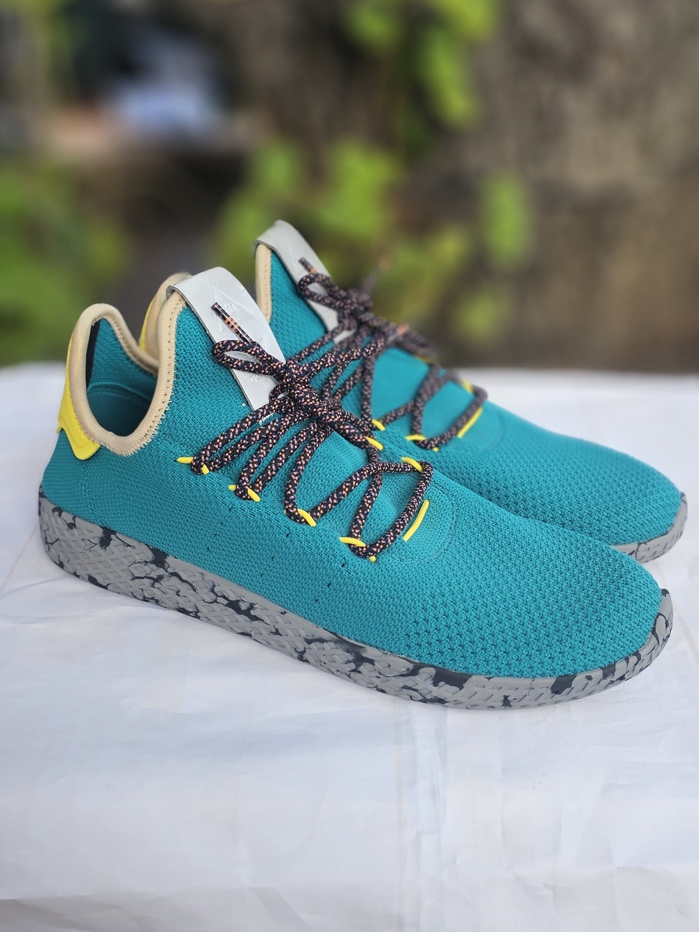 adidas Pharrell Williams X Tennis Teal Knit Sneakers with Yellow Accents